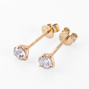 Boucles d'oreilles en or rose avec diamants pour femmes, coupe ronde brillante, solitaire classique 585 - Product Image 1