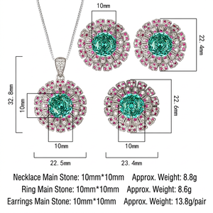 Joyería de Moda Ecológica, Chapada en Plata sobre Cobre, con Circonita Verde de 14-10mm, Collar y Aretes con Diseño de Flor, Juego de 3 Piezas con Anillo para Boda o Fiesta - Product Image 3