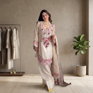 Ensemble Salwar Kameez pakistanais beige de luxe avec broderies florales, dupatta en organza, Kurti et pantalon – Idéal pour l'hiver et l'été en Inde – Vente en gros - Product Image 1