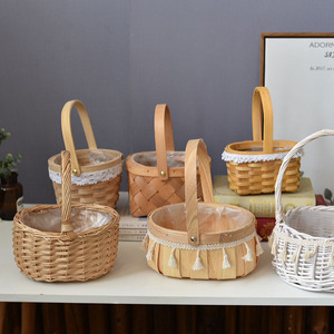 Willow Woven Flower <b>Basket</b> Rectangle Handmade Rattan Gift <b>Basket</b> With Handle Rustic Style - Product Image 5
