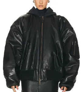 Pu仿皮夹克连帽泡泡袖拉链口袋设计定制时尚经典摩托车日常女士夹克