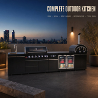 Cuisine extérieure modulaire de luxe en acier inoxydable 304, avec îlot barbecue à gaz 7 brûleurs, réfrigérateur, évier et brûleur latéral