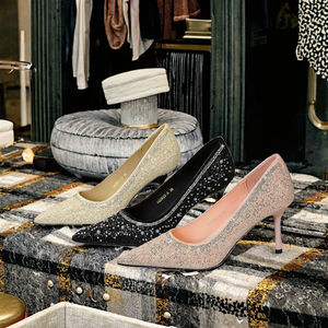 Zapatos Bigtree 2623-A, Zapatos Elegantes de Tacón Alto para Mujer, con Lentejuelas y Cuentas, Punta Puntiaguda, Boca Poco Profunda, Deslizables, Sin Correa - Product Image 3