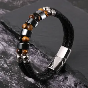 Bracelet en cuir véritable pour hommes, noir, 2 couches, pierre d'oeil de tigre, hématite naturelle, perle