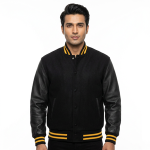 Baseball College Varsity Jacket Custom Letterman Style PU Leather Sleeve Bomber Winter Stand Collar Front for <b>Men</b> OEM Supply - Product Image 1