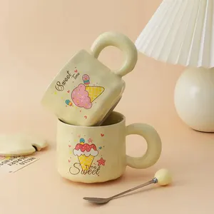 2024 Hot Korean Ins Cream Mug With Lid And Spoon Modern Round Ceramic Cup With Cartoon Ice Cream Pattern Including Tray