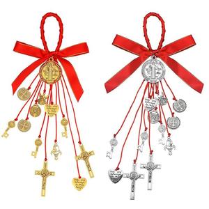 Médailles de Saint Benoît en argent <span class=keywords><strong>KOMI</strong></span>, clés, crucifix, croix, breloques, pendentifs, ruban, <span class=keywords><strong>corde</strong></span> à suspendre pour accessoires de voiture, décoration de porte, décoration de la maison - Product Image 1
