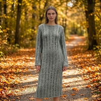 Robe longue pour femme Claire avec ruban fantaisie, OEM personnalisé, couleur unie, col rond, manches longues, tricoté