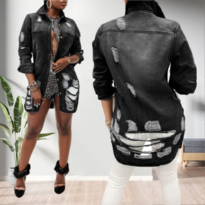 Abrigos Largos de Mezclilla con Diseño Desgarrado y Bolsillos para Mujer, a la Moda - Product Image 2