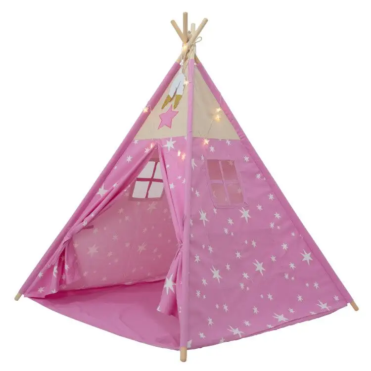 Opvouwbaar Houten Katoenen Canvas Spelen Speelgoed Speelhuis Met Gewatteerde Mat Spelen Tipi Tipi Tipi Tent Voor Kinderen