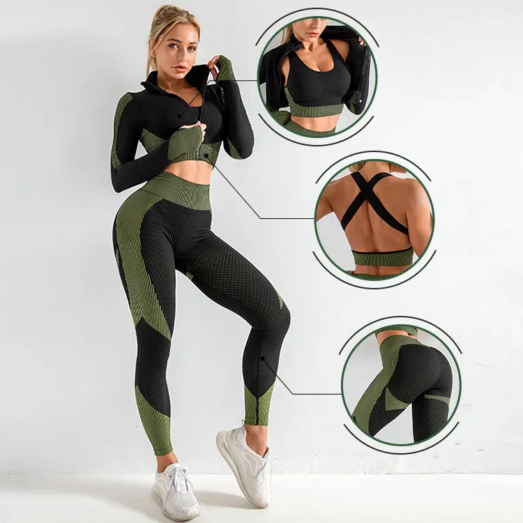 3 Pcs Sem Costura S-4XL Butt up Lifter Lulu Splicing Workout Ginásio Conjuntos de Fitness Mulheres Esporte Bra Croptop Casacos Fitness & Yoga wear