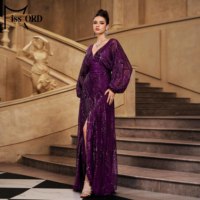 Robe de soirée longue pour femme, à manches longues, fendue, à sequins violets, style arabe, Istanbul, marocain, turc, Dubaï, musulman