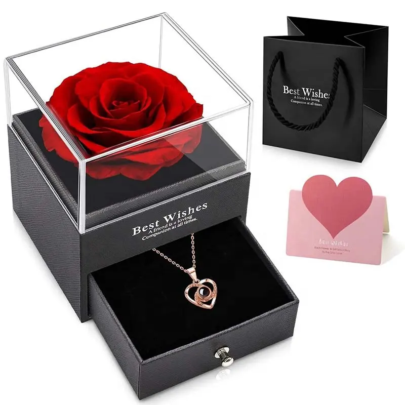 Saint Valentin Cadeau Éternel Naturel Préservé Rose Fleurs Acrylique Boîte À Bijoux Valentine Cadeau Romantique De Mariage sans collier