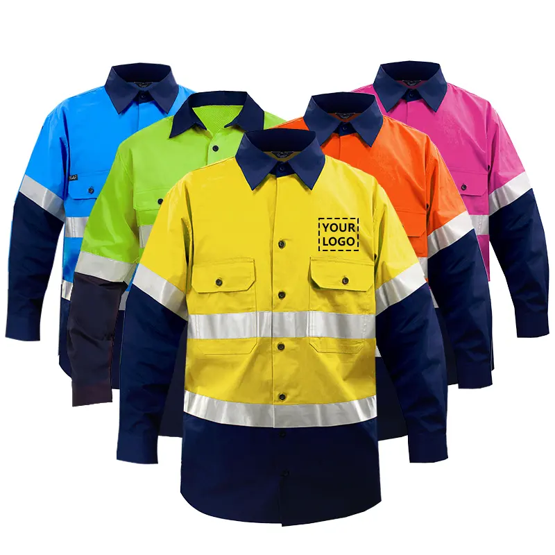 Custom 100% Cotton High Reflective Safety Clothes Hi Vis Workwear Mining Mechanic Construction Orange Long Sleeve Men Work Shirt