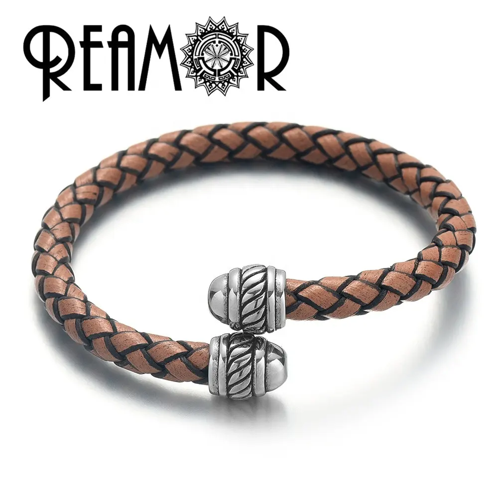 REAMOR Fashion Echte Leder manschette Armreifen Lion Verstellbares Edelstahl draht armband Easy Wear Einfaches Armband Herren schmuck