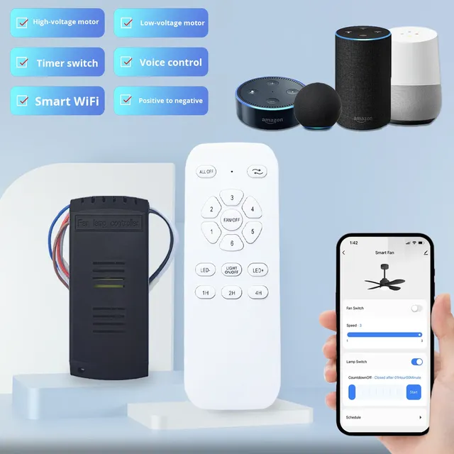 US Standard Graffiti WiFi App Voice Control Timer Dimmable High/Low Voltage Motor Smart Switch Ceiling Fan Light Remote IPS PC