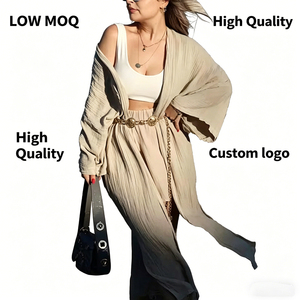 Custom Logo Women Kimono Cardigan <b>Set</b> Resort Wear and Two Piece <b>Set</b> Textured Wide Leg Pants Casual Summer Loungewear Women - Product Image 4