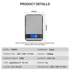 Balance de cuisine numérique électronique en acier inoxydable ultra-mince avec écran LCD, capacité 15 kg, pour la pâtisserie, la cuisine et la vente au détail - Product Image 2