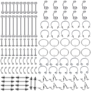 Set da 120 Pezzi di Gioielli per Piercing <span class=keywords><strong>in</strong></span> <span class=keywords><strong>Acciaio</strong></span> Inossidabile: Barrette Circolari, Ferri a Ferro di Cavallo, Piercing a Punta Curva, Anelli per Labbro, Naso e Ombelico - Product Image 1