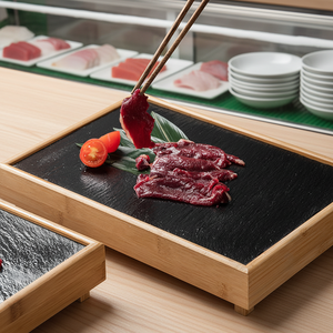 Plateau de service rectangulaire en <span class=keywords><strong>ardoise</strong></span> noire et bois, plateau amovible pour servir les steaks et les viandes tranchées - Product Image 5