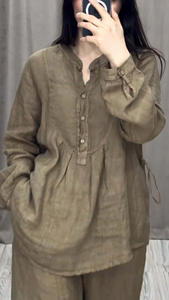 秋季女装舒适棉麻混纺长袖上衣 & 休闲拉绳宽腿裤2件套Sehe时尚 - Product Image 6