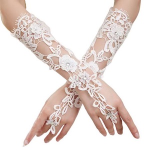 Gants sans doigts en dentelle, longs, de couleur ivoire, à motifs floraux, pour mariée - Product Image 1