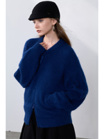 Cardigan zippé vintage 100 % cachemire pur, écologique, pour femme, coupe oversize, col en V, fermeture éclair bidirectionnelle, poches kangourou, chaud pour l'hiver