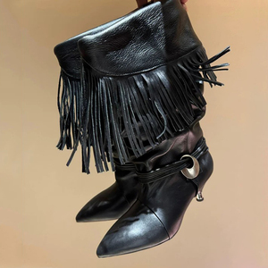 Turn Over Piled Pleated Ankle <b>Boots</b> Low Spike Heels Women Tassel Fringe Shoes Retro Styles Pointy Toe Suede Short Booties - Product Image 5