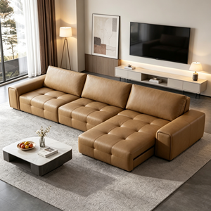 Sofá Seccional Moderno en Forma de L de Cuero Genuino con Respaldo Acolchado y Patas de Metal para Sala de Estar - Product Image 6