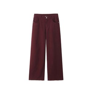 Jean droit taille haute bordeaux en coton pour femme grande taille Runqi, pantalon décontracté à jambe large N9087 - Product Image 1