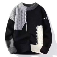 Suéter Personalizado para Hombre, Tejido con Parches, Diseño Irregular en Verde y Marrón, Costuras a Mano, Hombros Caídos, Estilo Urbano, para Uso Diario o Escolar