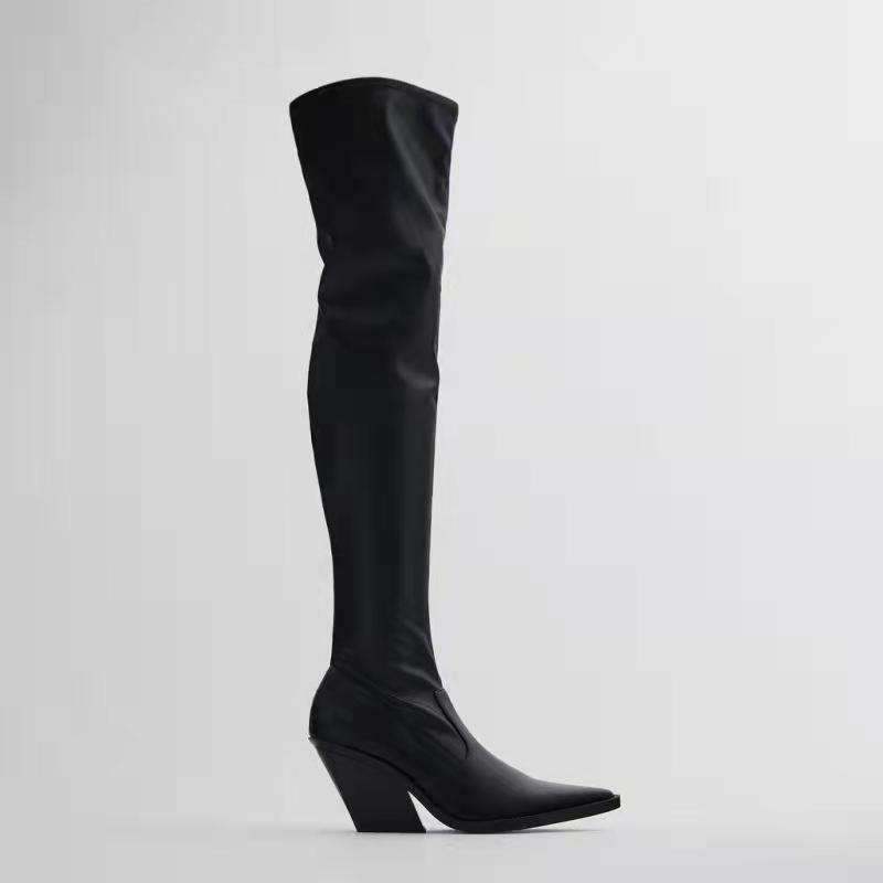 DEleventh Z 91230 Popular Cowgirl Pointed Wedges High Heels Over the Knee  Women Boots Black Elastic Socks Thigh High Boots
