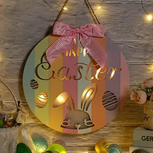 Easter Wooden Bunny Rabbit Hanging Sign with Lights for Home Easter Decor Supplies Rustic Happy Easter Colorful Bunny Welcome Si