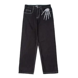 high street dark bone embroidery jeans men's loose niche design wide leg straight leg pants