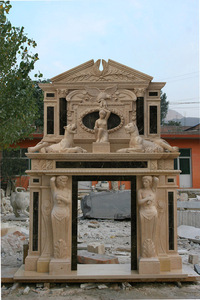 Grande cheminée décorative en marbre <span class=keywords><strong>beige</strong></span> de pierre calcaire européenne cultivée, sculptée, à double niveau, avec statues figurées - Product Image 2
