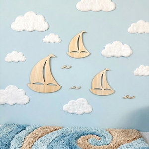 Autocollants muraux en bois pour chambres de bébé avec design ajouré, thème océan, autocollants muraux créatifs en bois représentant un <span class=keywords><strong>bateau</strong></span> à voile - Product Image 1