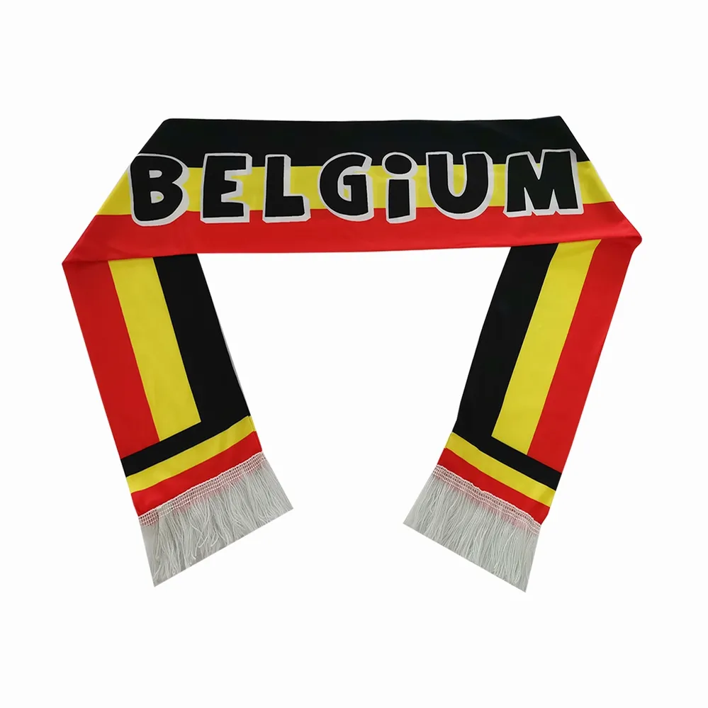 Bufanda deportiva de satén de alta calidad, diseño de bandera personalizada, impresión Digital, fabricación, con borla, Bélgica, bufanda de fútbol