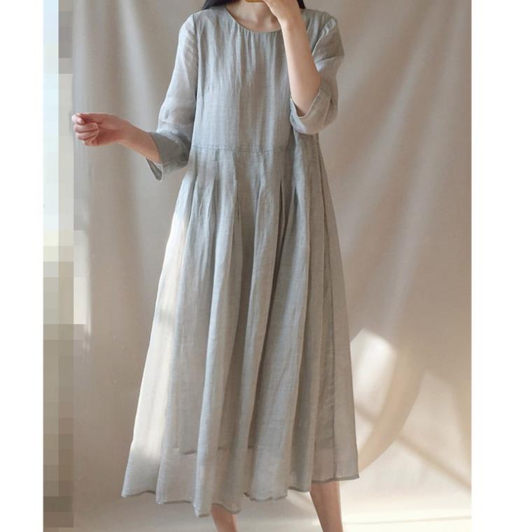knee length dresses for ladies Linen Maxi Dress with Puff Sleeves - Linen Wrap Dress in Navy - Summer Plus Size Dress