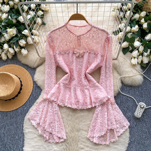 เสื้อลูกไม้ประดับลูกปัดสวยหรูสำหรับผู้หญิง แขนยาวทรงบาน ปลายเสื้อเปปลัม ทรงเข้ารูป เหมาะสำหรับฤดูใบไม้ร่วง - Product Image 1