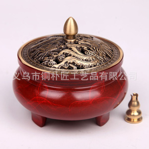 Incense <b>burner</b> with cloisonn enamel, red and green glaze, flat bottom, three legs, pure copper, household indoor sandalwood - Product Image 4
