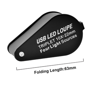 Phổ biến màu đen màu <span class=keywords><strong>10x</strong></span> magnify Glass <span class=keywords><strong>UV</strong></span> <span class=keywords><strong>Led</strong></span> trang sức đá quý Loupe bốn nguồn ánh sáng có thể gập lại & USB có thể sạc lại - Product Image 2