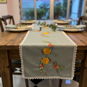 Nappe artisanale 100% coton avec broderie de roses rouges – Linge de table floral respirant à texture de lin naturel pour la maison - Product Image 3