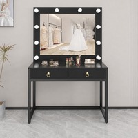 Coiffeuse éclairée blanche et dorée pour chambre, salon, boutique de mariée, salon de manucure avec miroir à ampoules LED et deux tiroirs de rangement