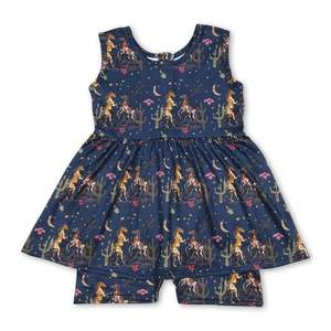 Conjunto de vestido sin mangas con estampado de caballos para niñas pequeñas, conjunto de pantalones cortos, traje para niños de estilo occidental - Product Image 2