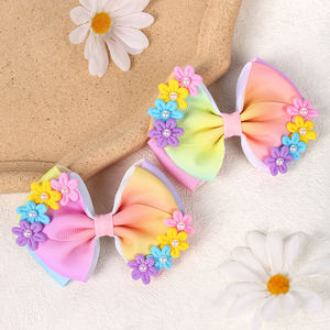 CN 2Pcs 4英寸彩虹罗缎丝带发弓柔和花朵珍珠发夹儿童女童配件 - Product Image 6