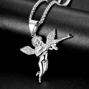 Collier pendentif en métal Hip Hop Punk Angel Gun Iced Out avec zircone cubique, bijoux <span class=keywords><strong>de</strong></span> mode pour hommes, style streetwear - Product Image 3