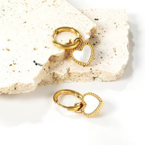 Heart Shaped Huggie <b>Earrings</b> <b>Gold</b> Plated Stainless Steel White Seashell Inlay Fashion <b>Dangle</b> <b>Earrings</b> For Women - Product Image 1