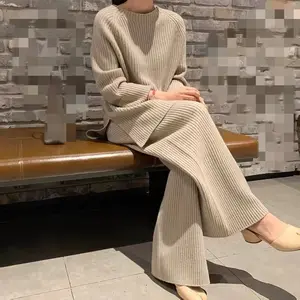 2023 Autumn and Winter New Women's Fashion Age Reducing Two Piece Trouser Set Knitted Sweater Wide Leg Trouser Set