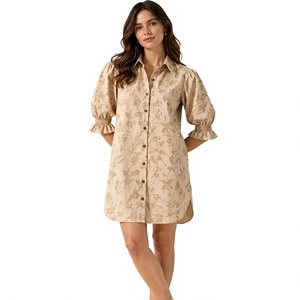Vestido Camisero Corto para Mujer, Color Beige, con Estampado Floral, Mangas Abullonadas, Cuello Corto y Botones, Estilo Casual - Product Image 1