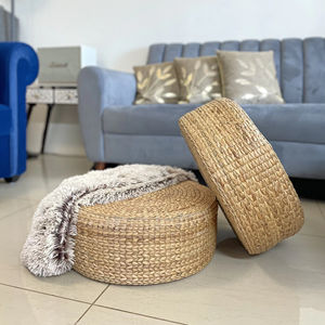 Handmade Water Hyacinth Floor Cushion Ottoman Round Woven <b>Pouffe</b> Seat Pad <b>Small</b> Coffee Table for Zen Home Decor - Product Image 1